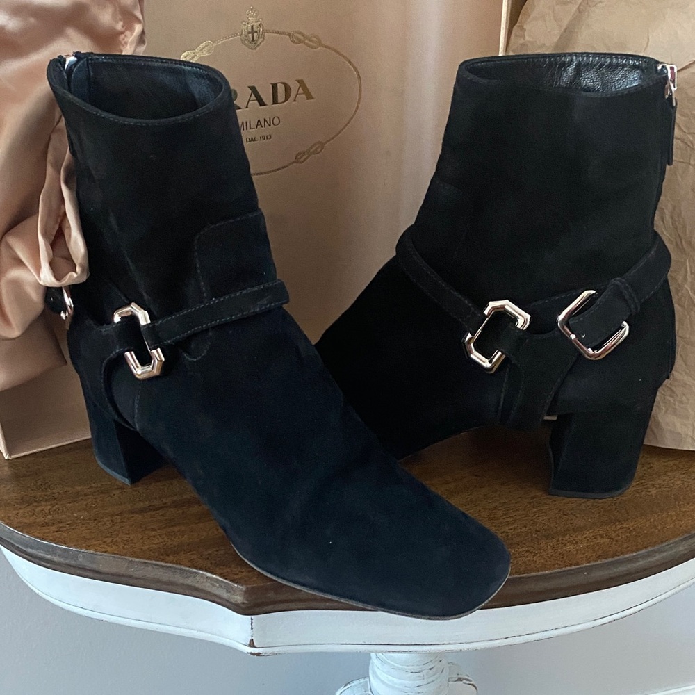 Prada Women's Black Suede Ankle Booties size 40 with box, paper, and dust bag